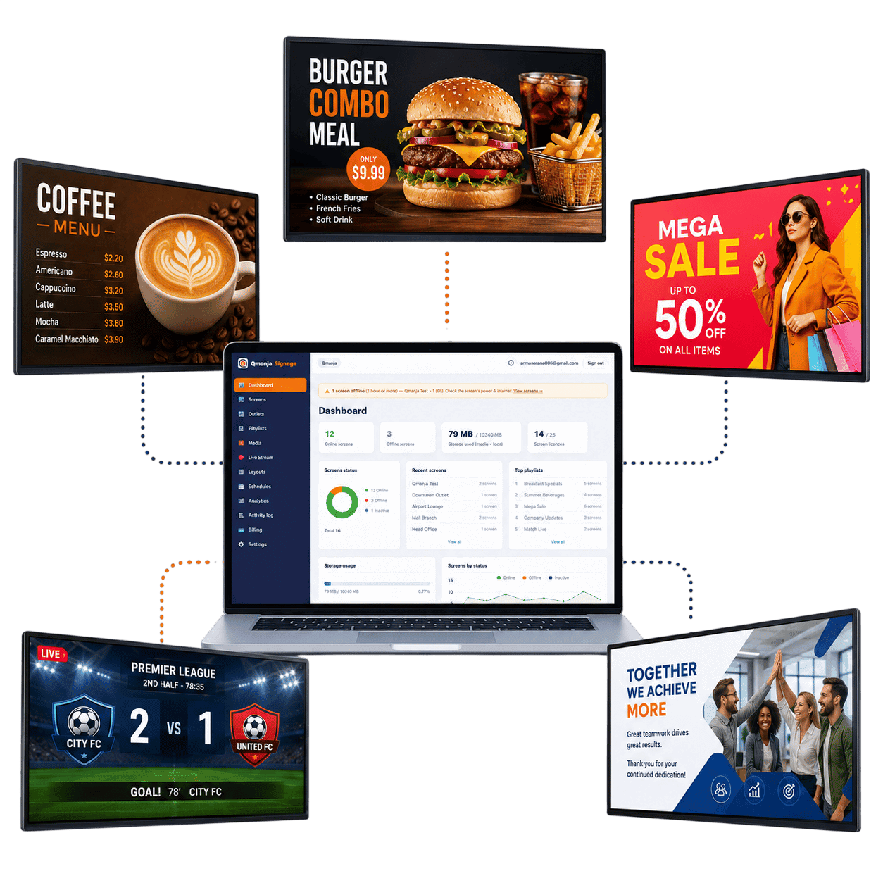 Qmanja Signage digital menu board software showing a restaurant menu and a promotional video side by side in a split-screen layout
